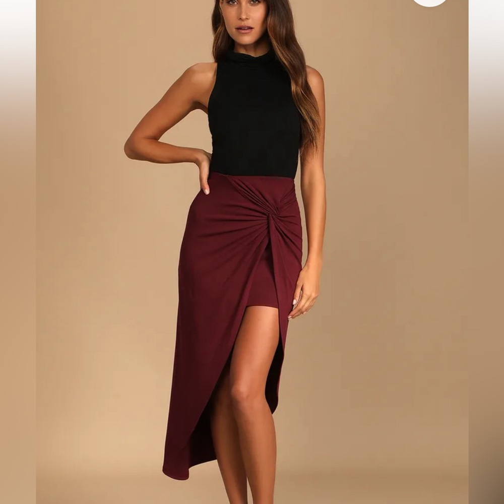 Burgundy Twist-Front High-Low Midi Skirt
